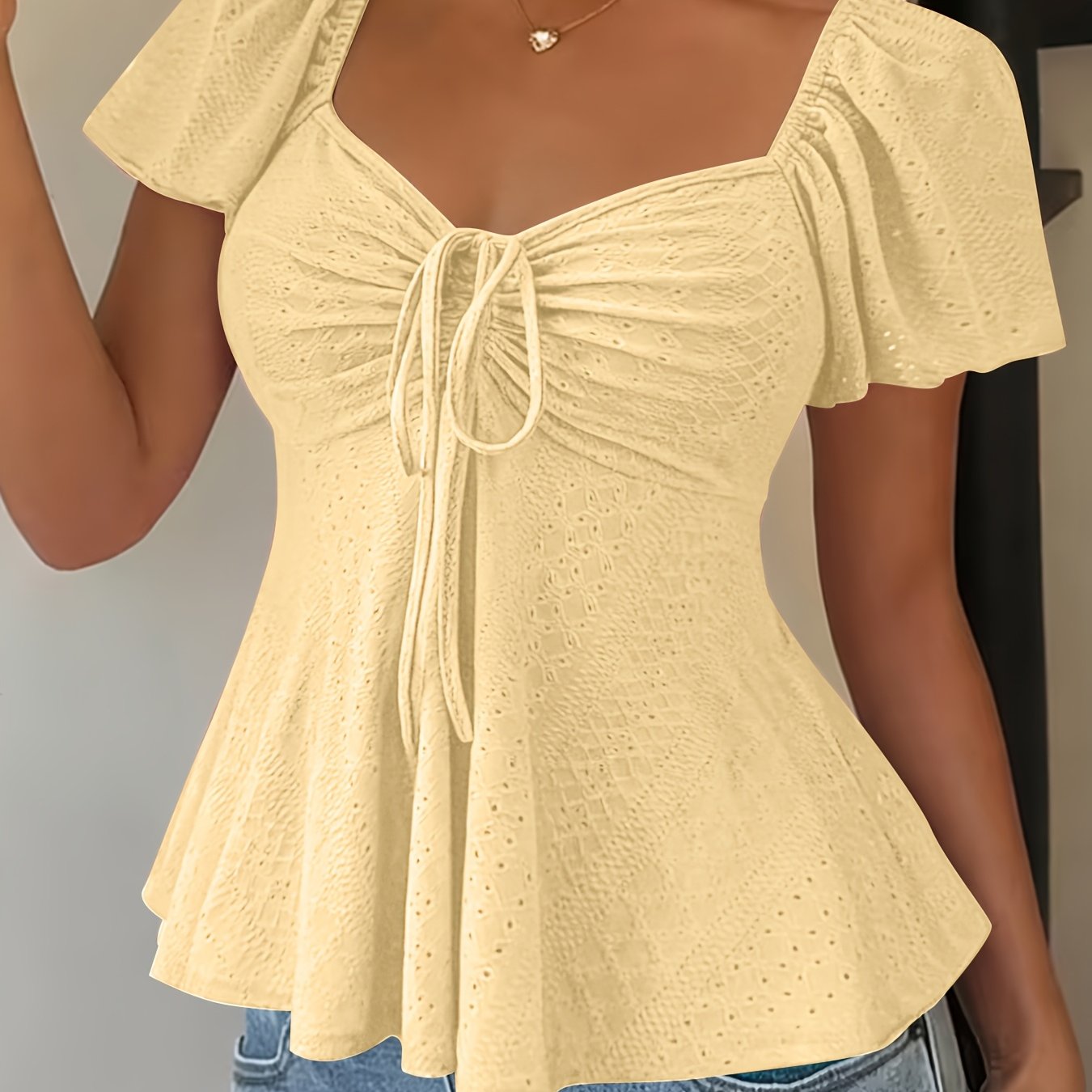 Dames Zomer Blouse Met Trekkoord En V Hals