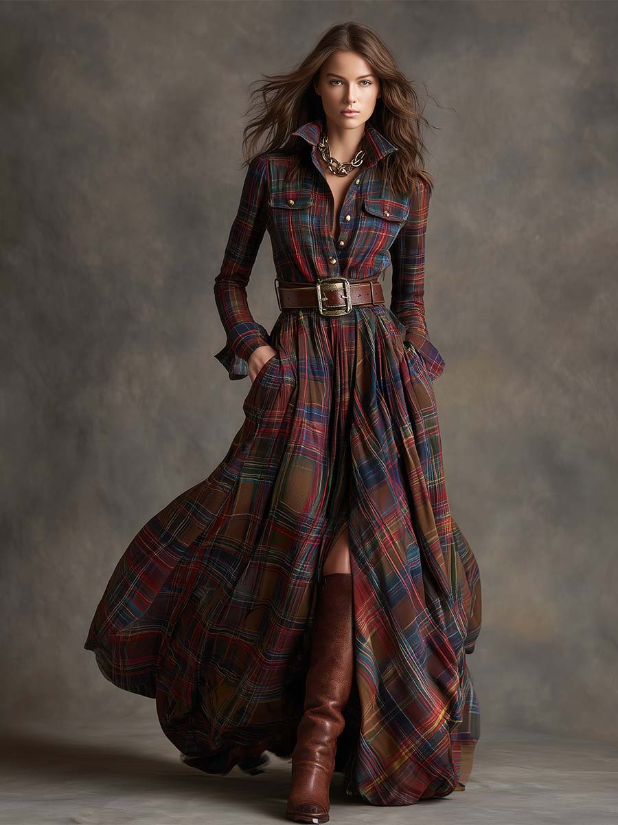 Dames Klassieke Shirt Maxi Jurk met Knopen