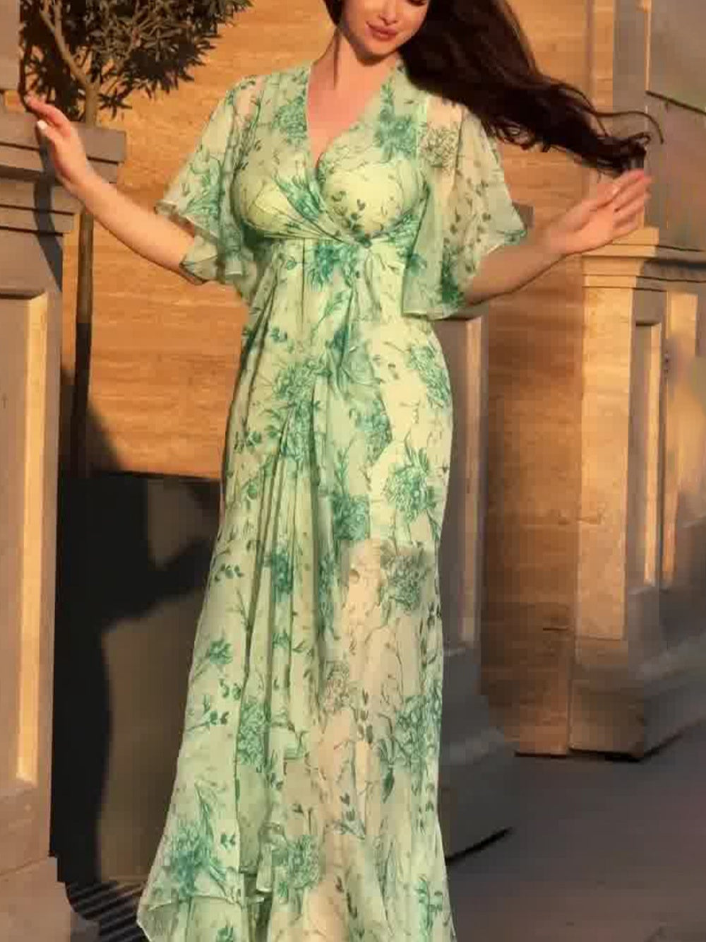 Dames Retro Bloemenprint Wikkel Maxi Jurk
