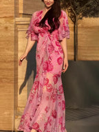 Dames Retro Bloemenprint Wikkel Maxi Jurk