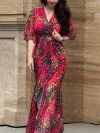 Dames Retro Bloemenprint Wikkel Maxi Jurk