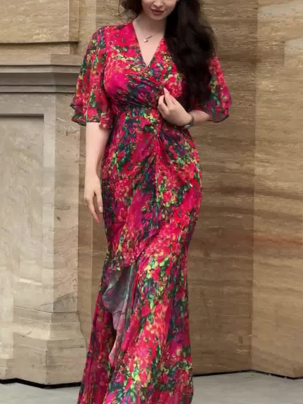 Dames Retro Bloemenprint Wikkel Maxi Jurk