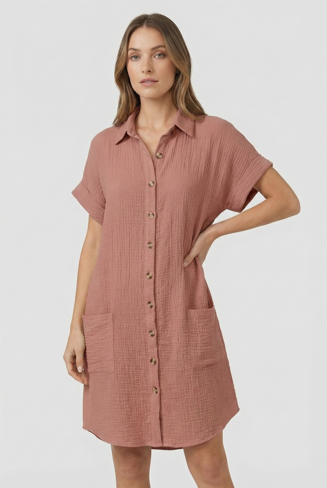 Dames Katoenmix Shirt Mini Jurk Korte Mouwen