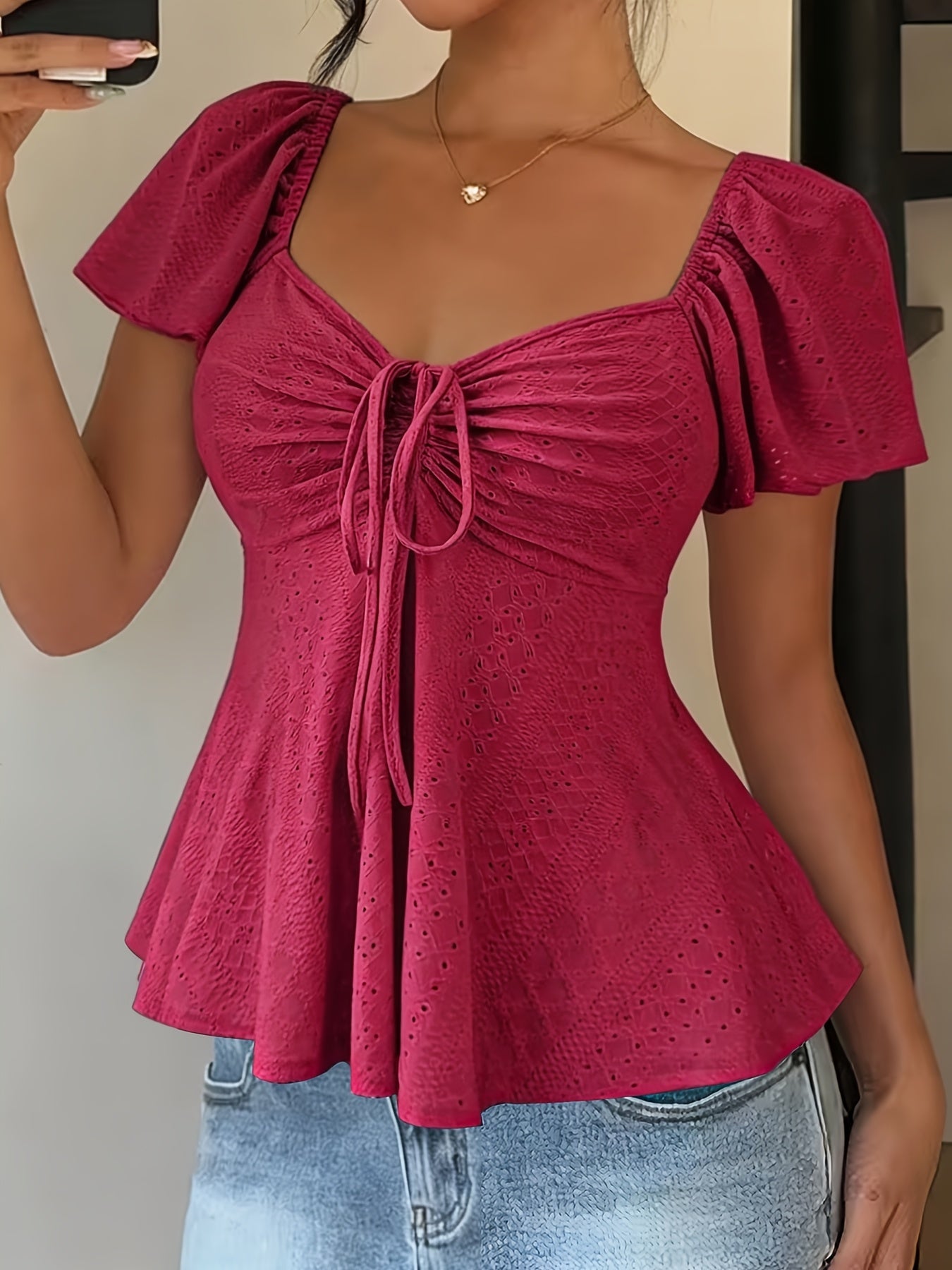Dames Zomer Blouse Met Trekkoord En V Hals