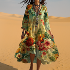 Dames Bohemian Bloemenprint Midi Jurk V Hals