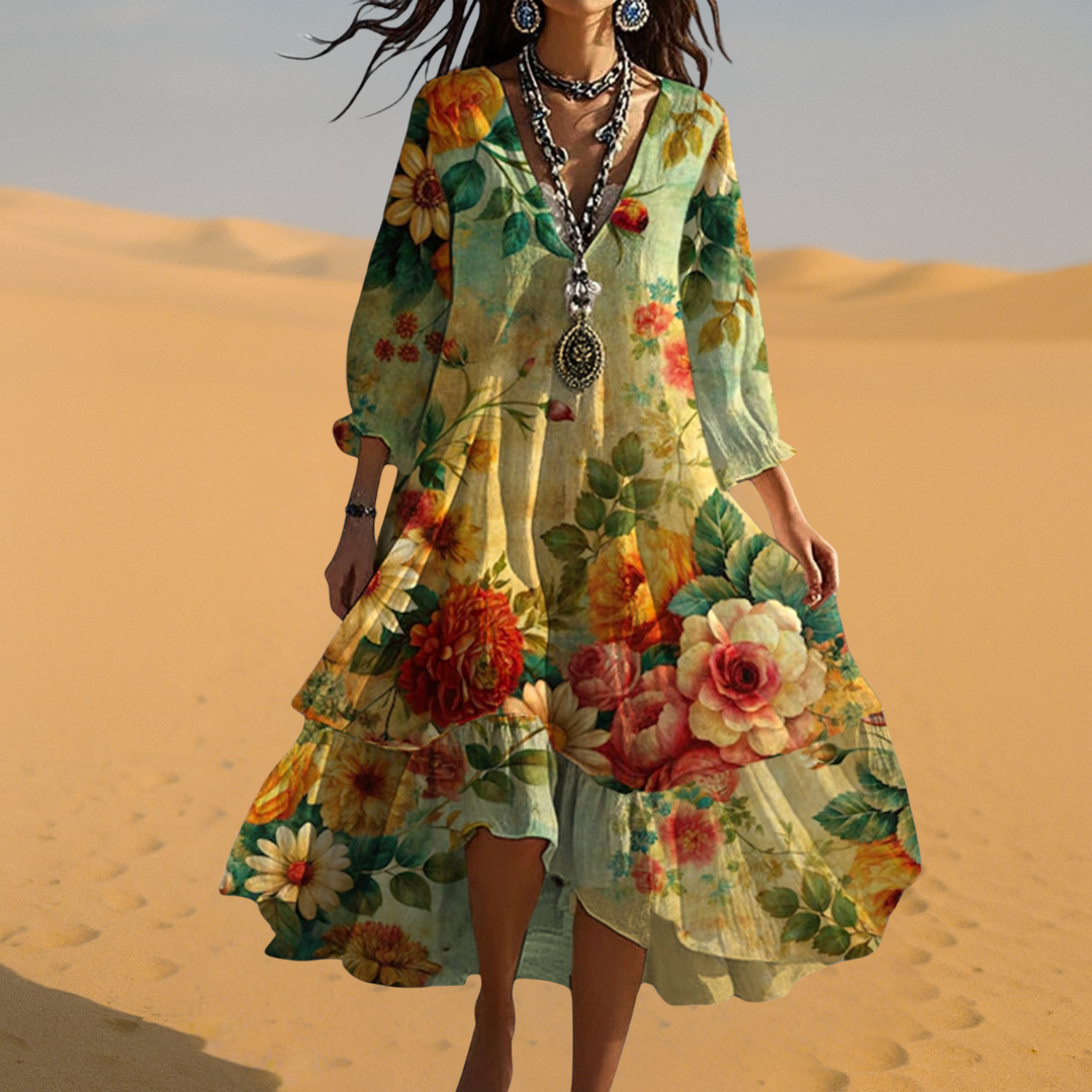 Dames Bohemian Bloemenprint Midi Jurk V Hals