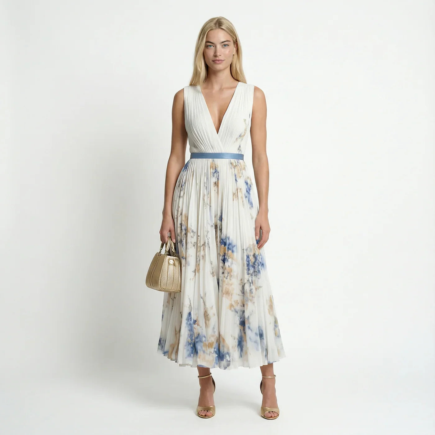 Dames Geplooide Bloemenprint Maxi Jurk