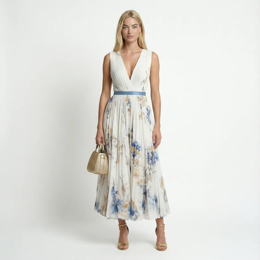 Women's Pleated Floral Print Maxi Dress