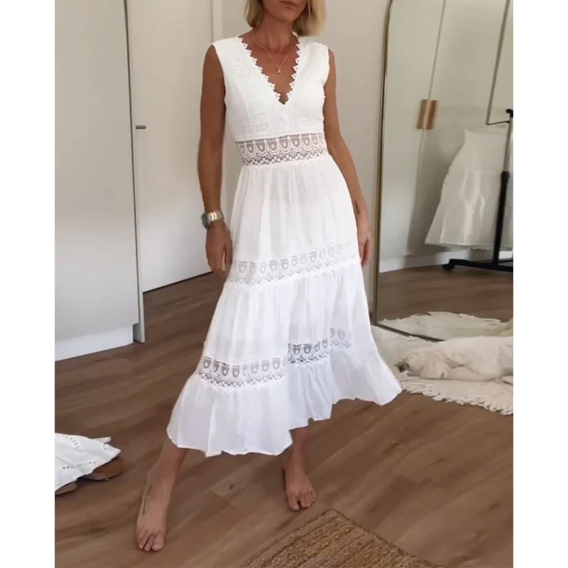 Dames Kant Midi Jurk met V Hals