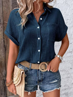 Dames Getextureerde Zomer Blouse Met Knopen