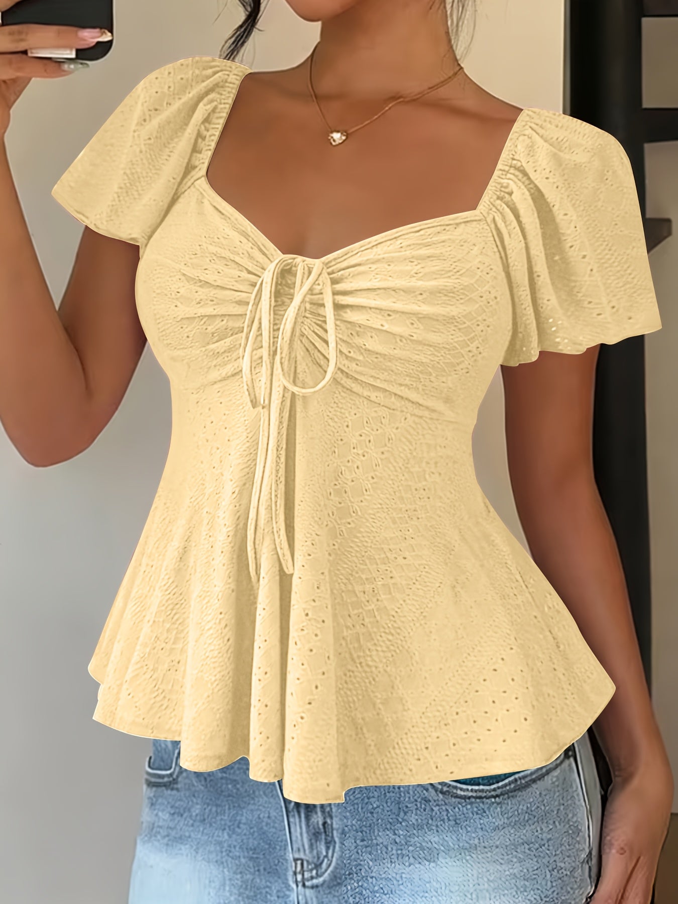 Dames Zomer Blouse Met Trekkoord En V Hals