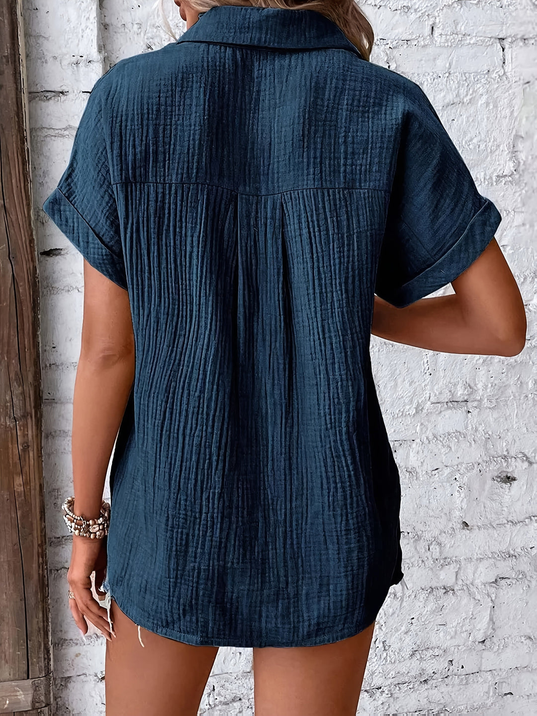 Dames Getextureerde Zomer Blouse Met Knopen
