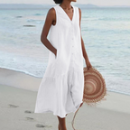 Dames Mouwloze Midi Jurk met Knopen