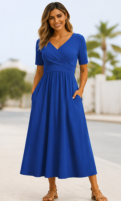 Women's Midi Dress Short Sleeve Crossover Detail