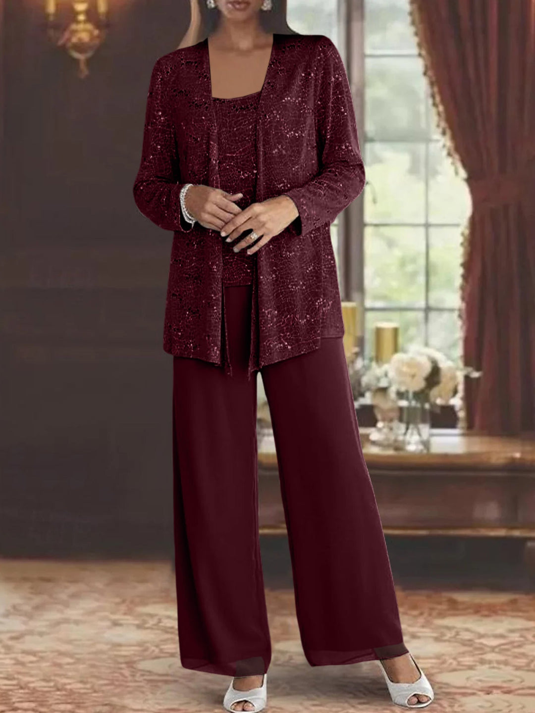Dames Chiffon Broekpak met Pailletten Jas