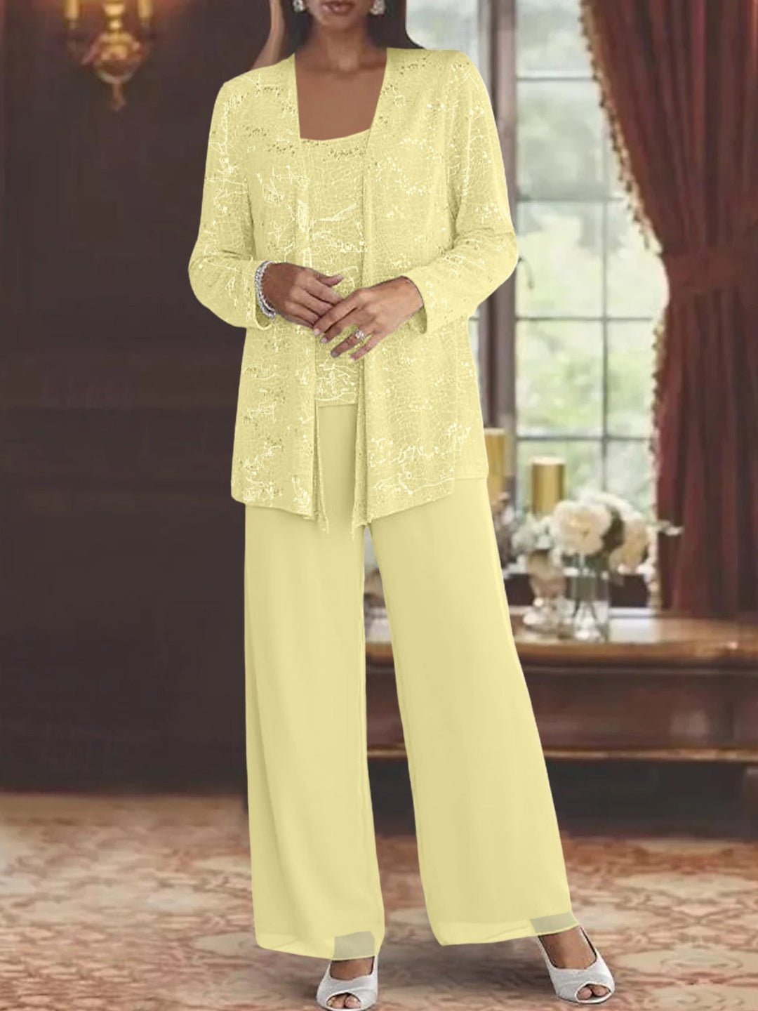 Dames Chiffon Broekpak met Pailletten Jas
