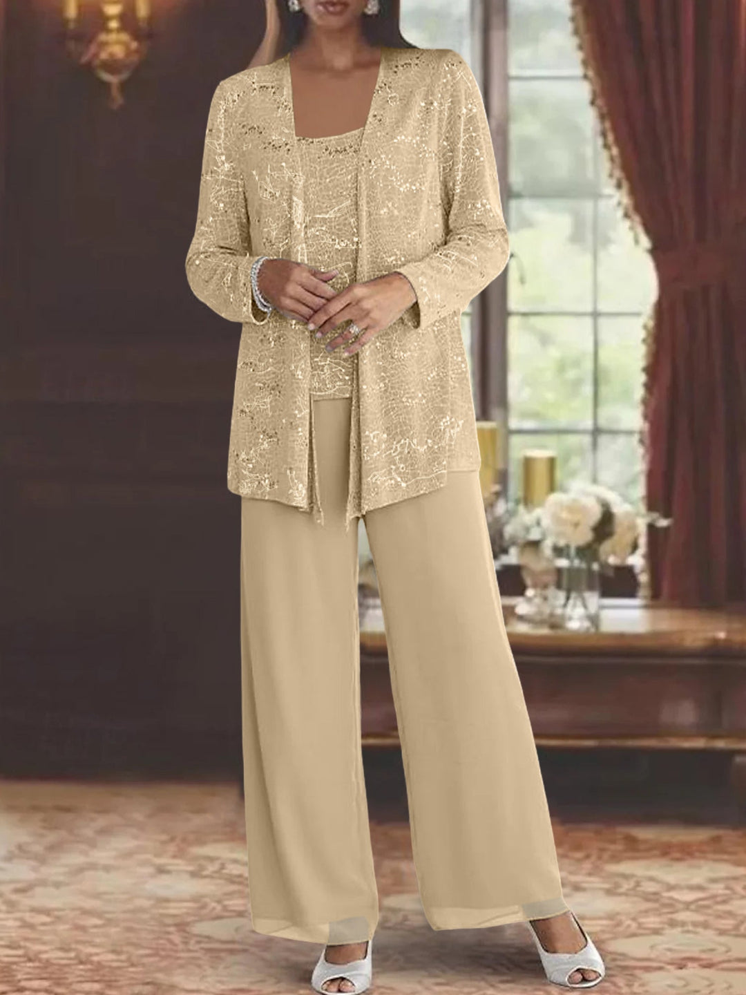 Dames Chiffon Broekpak met Pailletten Jas