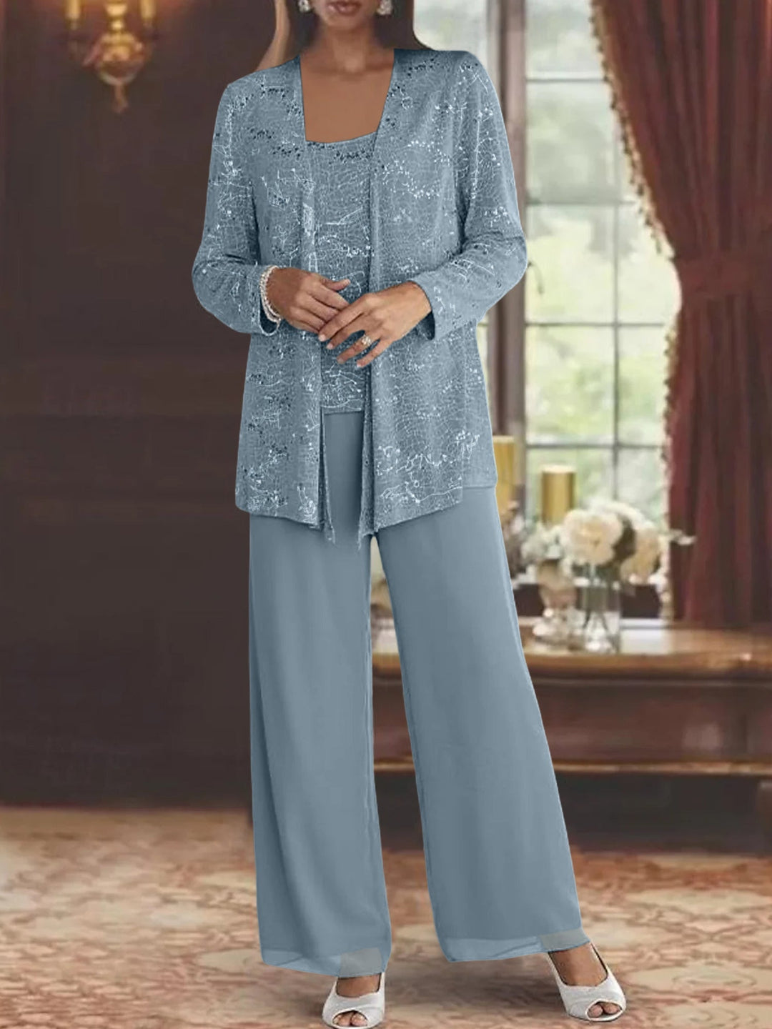 Dames Chiffon Broekpak met Pailletten Jas