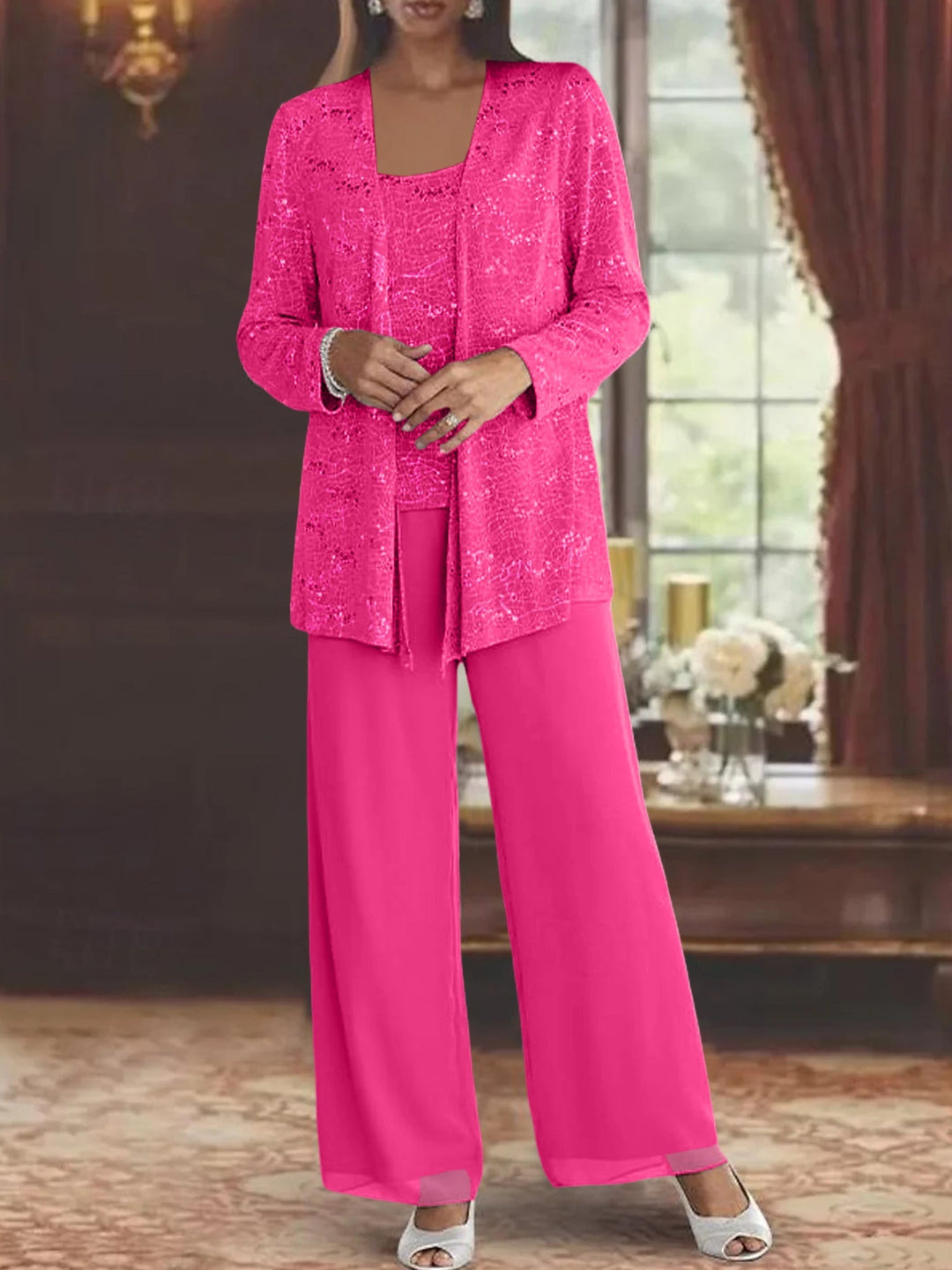 Dames Chiffon Broekpak met Pailletten Jas