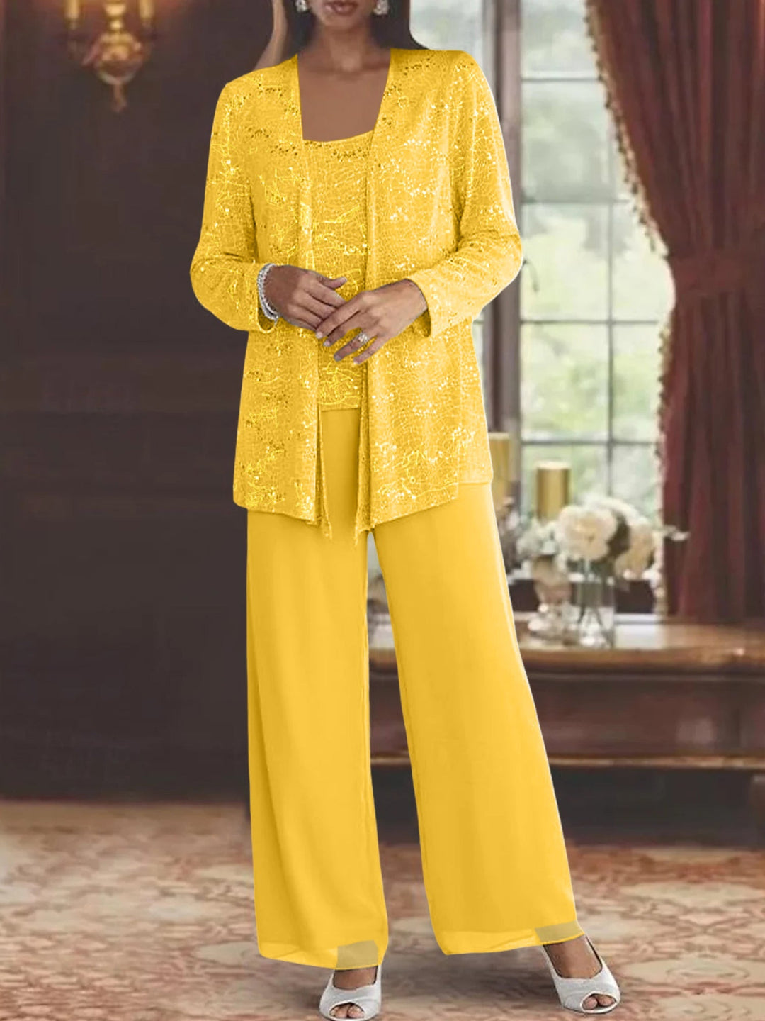 Dames Chiffon Broekpak met Pailletten Jas
