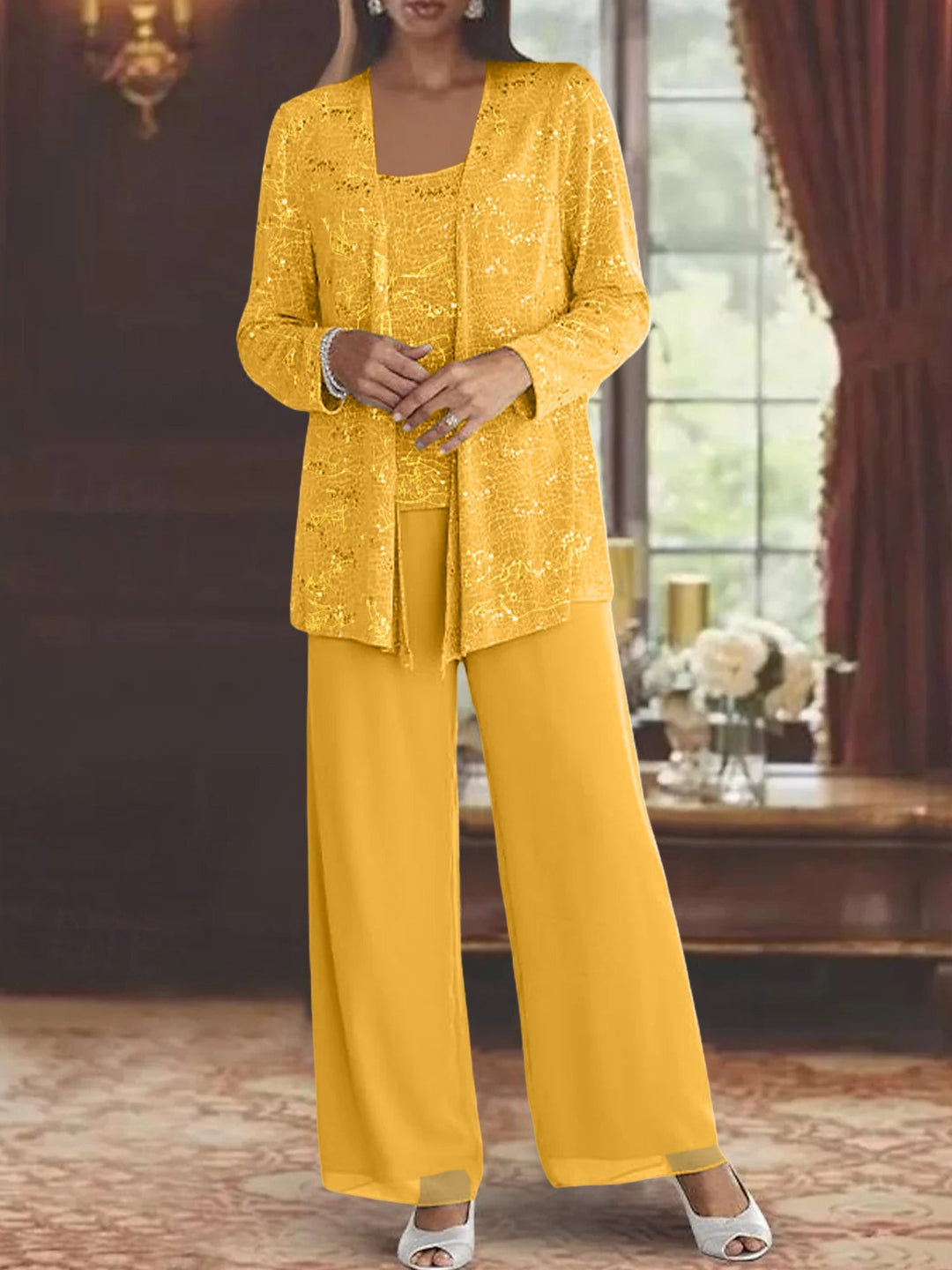 Dames Chiffon Broekpak met Pailletten Jas