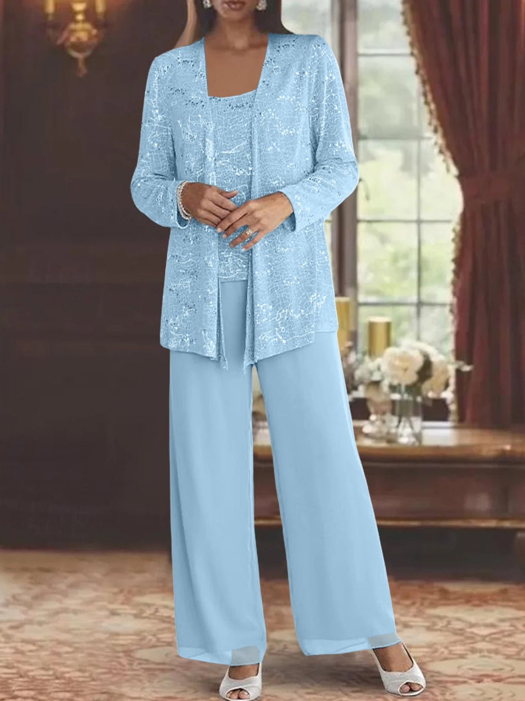 Dames Chiffon Broekpak met Pailletten Jas