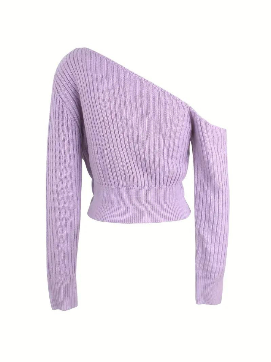 Peaches Trui | Geribde Gebreide One-Shoulder Cropped Trui