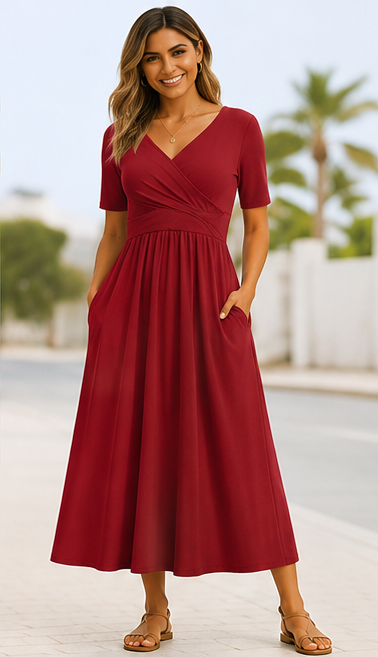 Women's Midi Dress Short Sleeve Crossover Detail