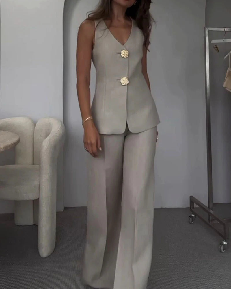 Meghan Set | Vrouwen Gouden Knop Vest en Broek Set
