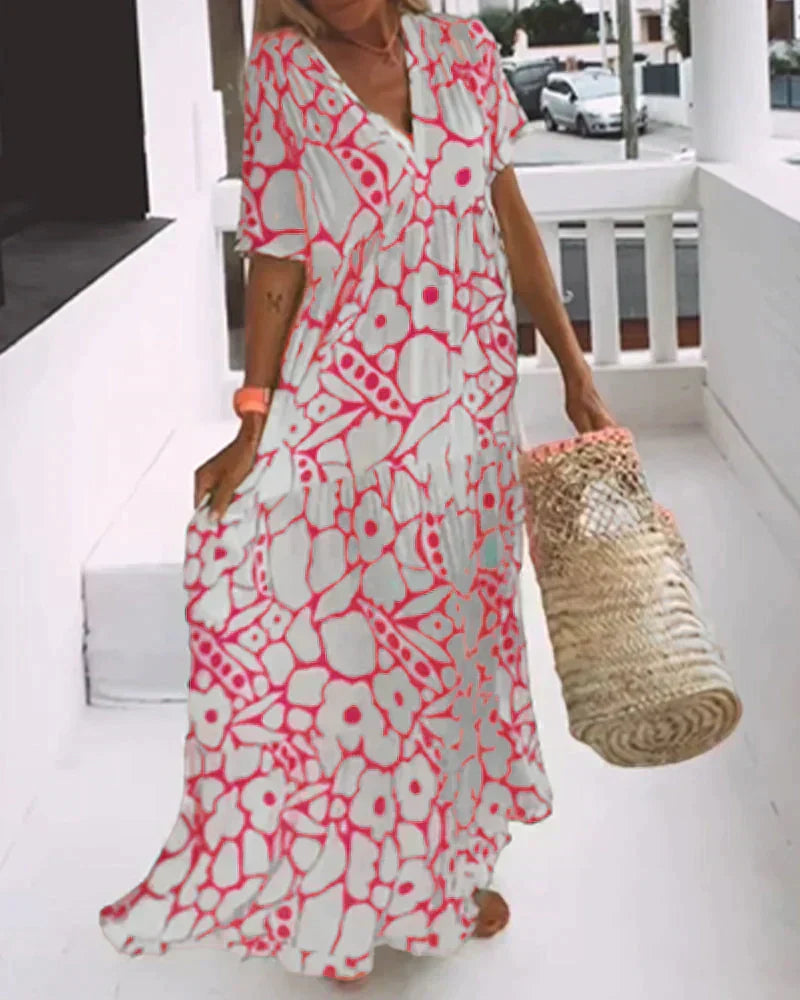 Dames Abstracte Print Maxi Jurk met V Hals