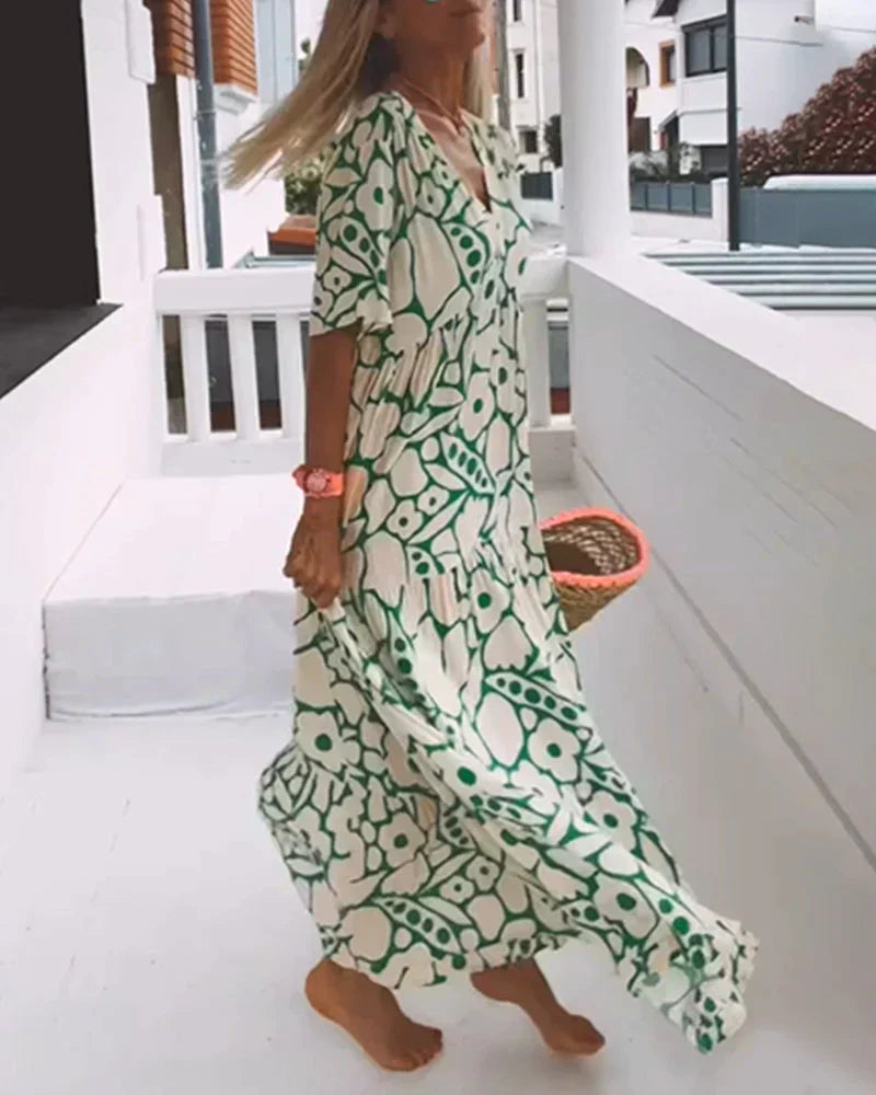 Dames Abstracte Print Maxi Jurk met V Hals