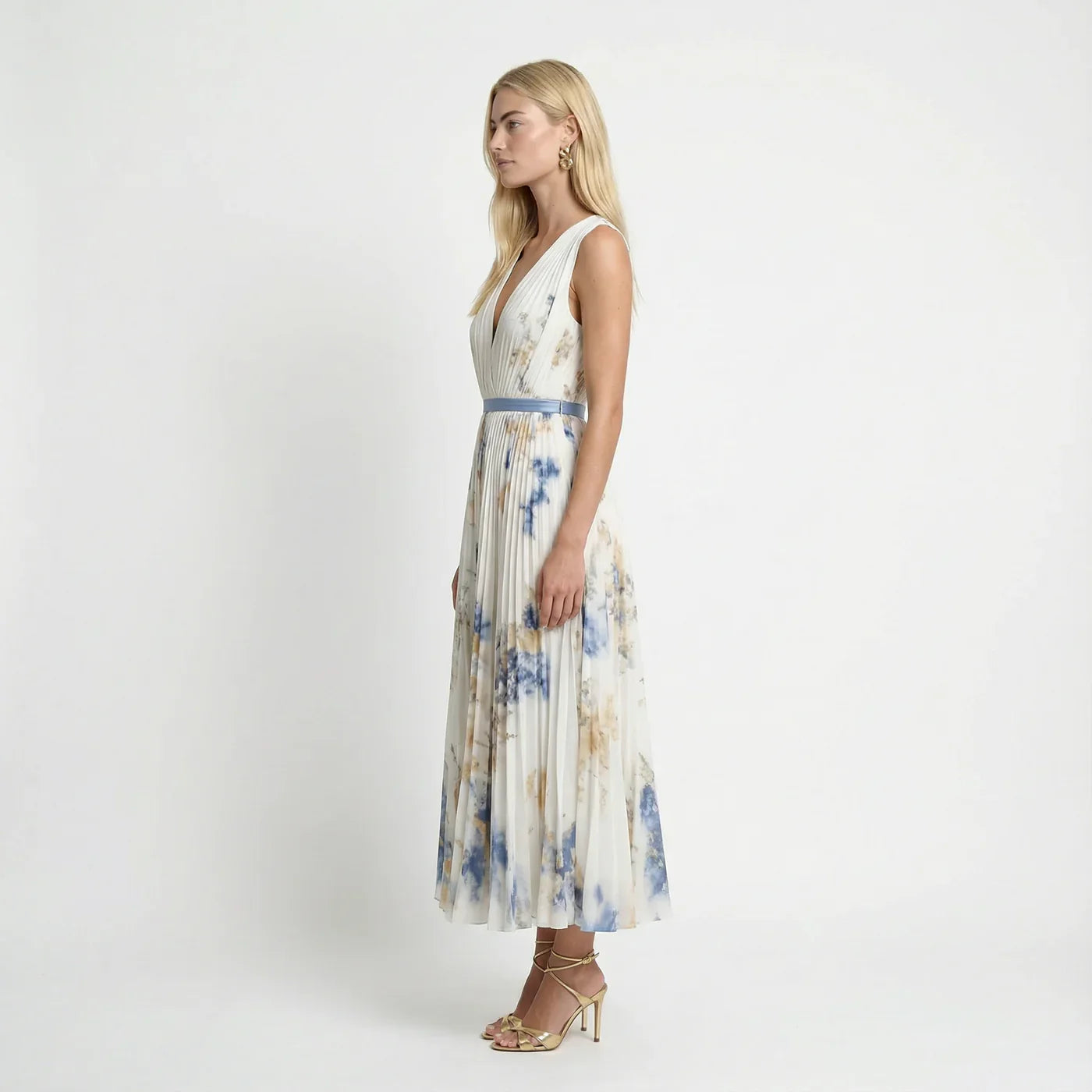 Dames Geplooide Bloemenprint Maxi Jurk