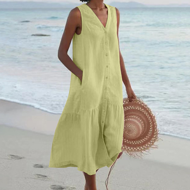Dames Mouwloze Midi Jurk met Knopen