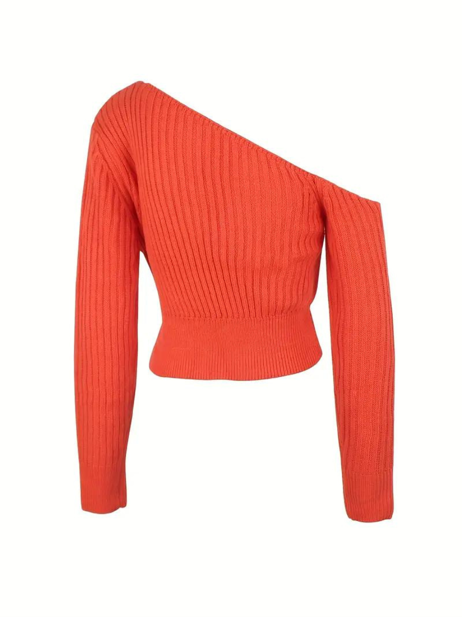 Peaches Trui | Geribde Gebreide One-Shoulder Cropped Trui