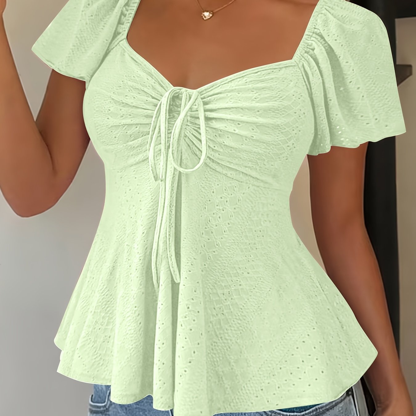 Dames Zomer Blouse Met Trekkoord En V Hals