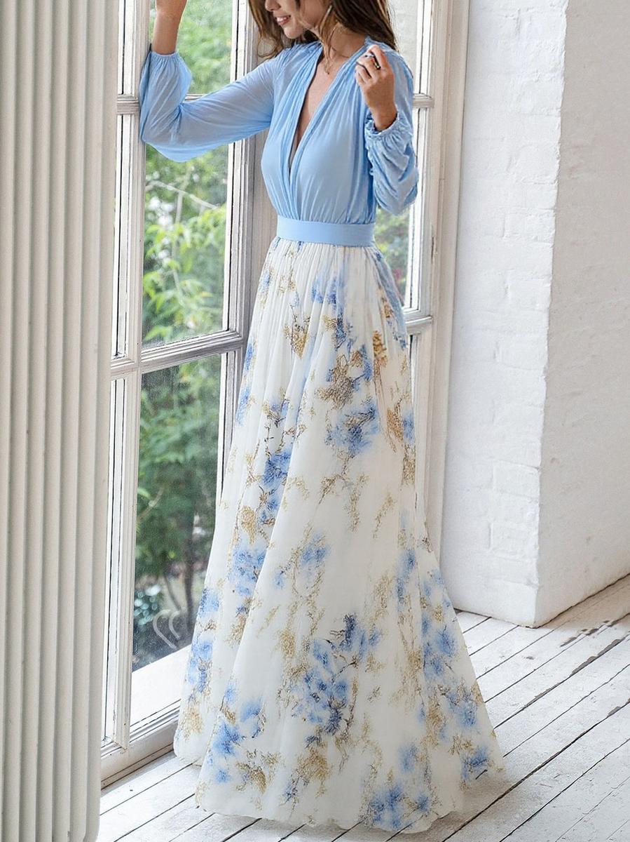 Dames Bloemenprint Maxi Jurk met Lange Mouwen