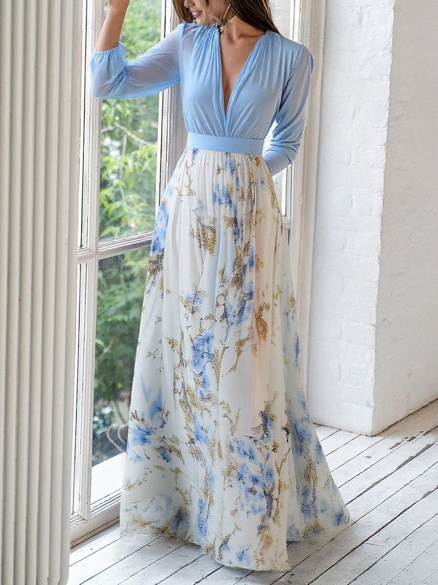 Dames Bloemenprint Maxi Jurk met Lange Mouwen