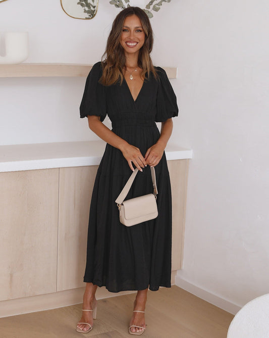 Versie Jurk | Dames Herfst Midi Jurk met V-Hals, Gelaagde Zoom en Korte Pofmouwen