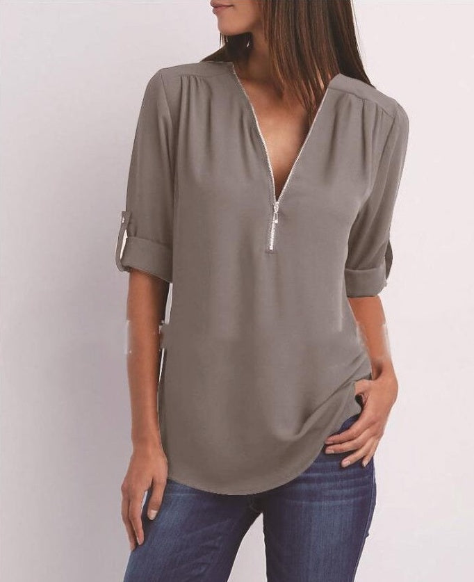 Samantha Top | Dames Lente Zip V-Hals Losse Top