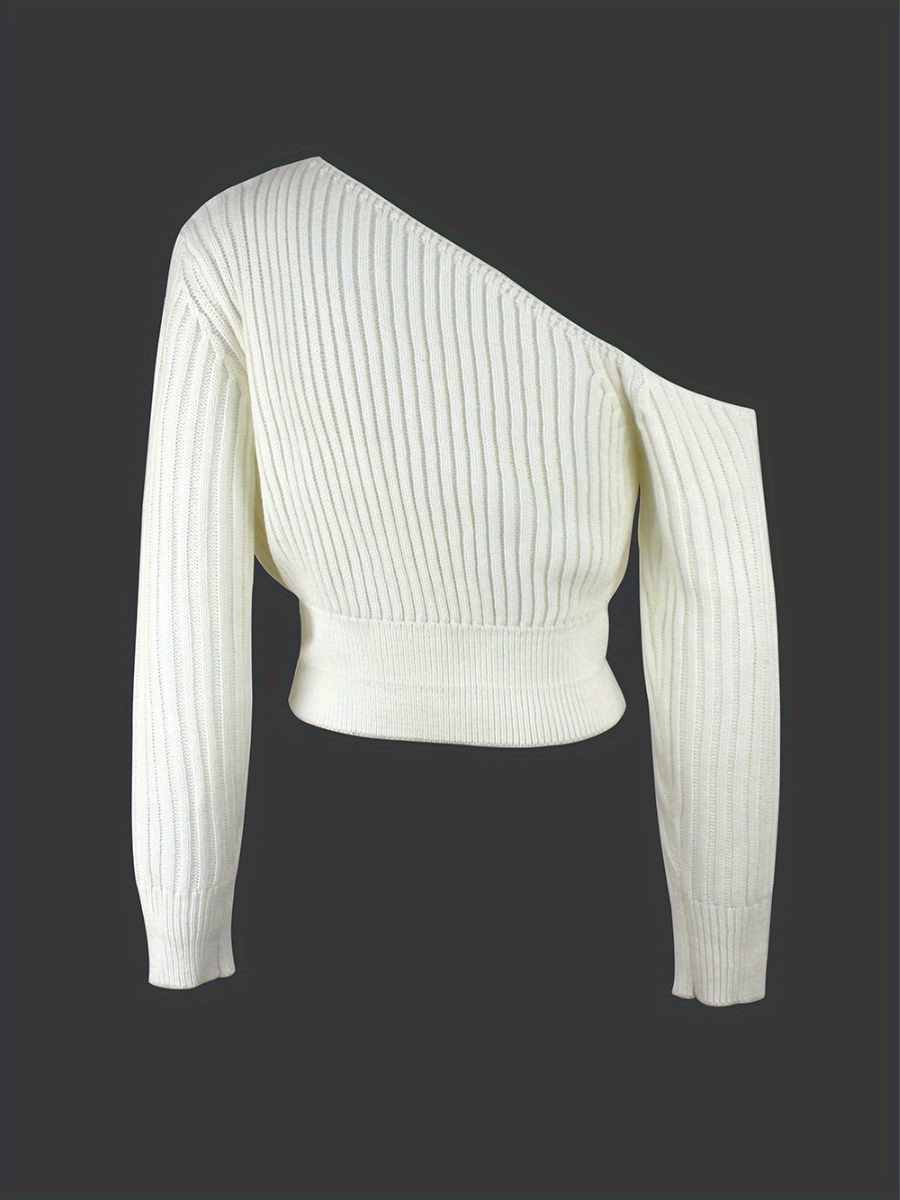 Peaches Trui | Geribde Gebreide One-Shoulder Cropped Trui