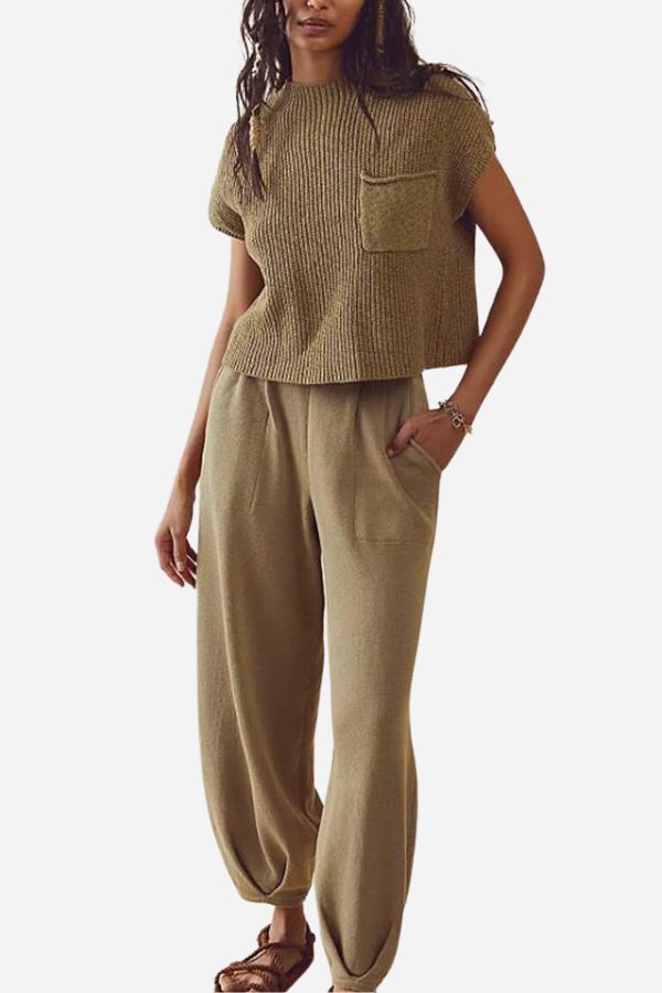 Vicky Set | Korte Mouw Gebreide Top en Broek Set