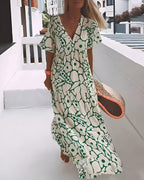 Dames Abstracte Print Maxi Jurk met V Hals