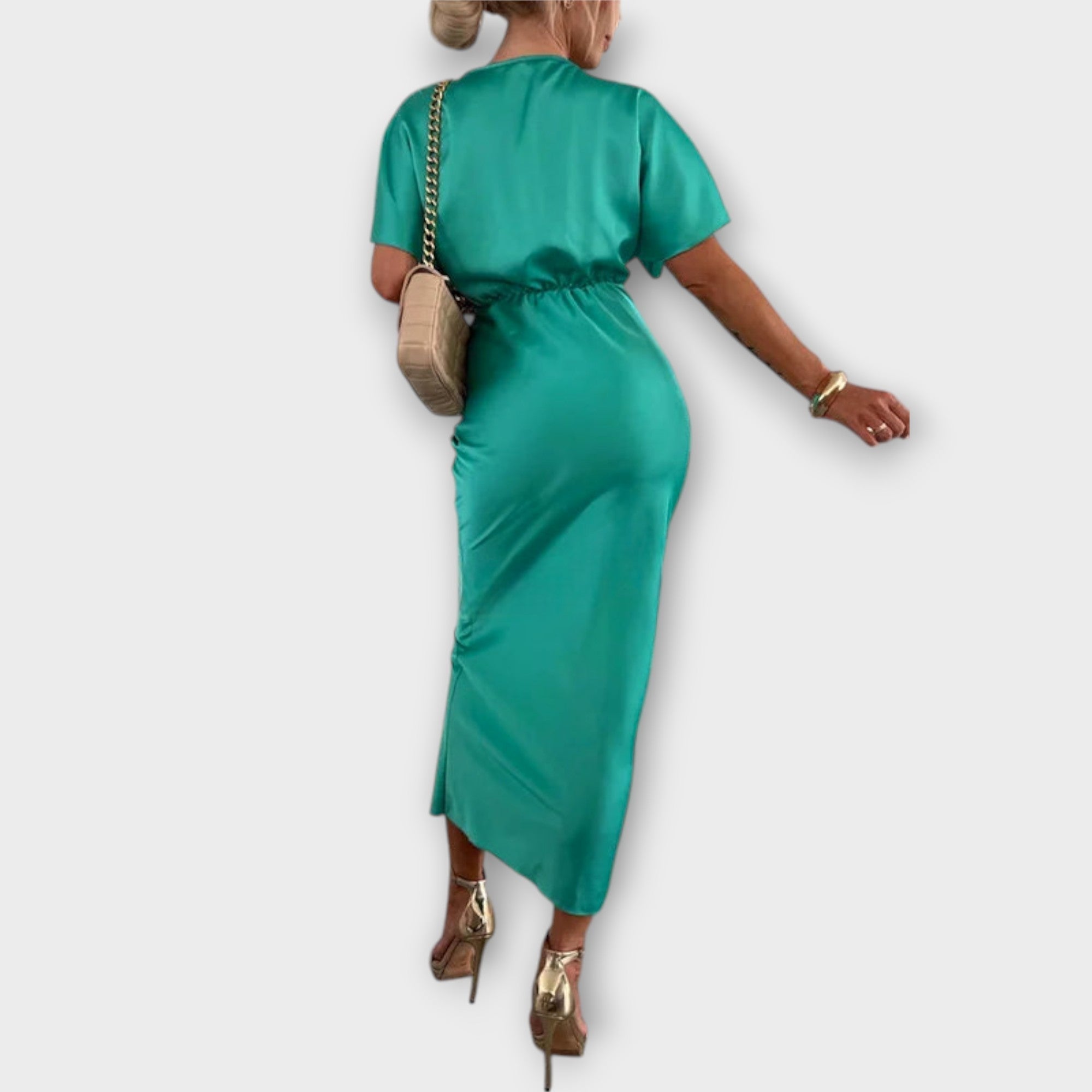 Dames Satin Maxi Jurk met V-hals en Slim Fit