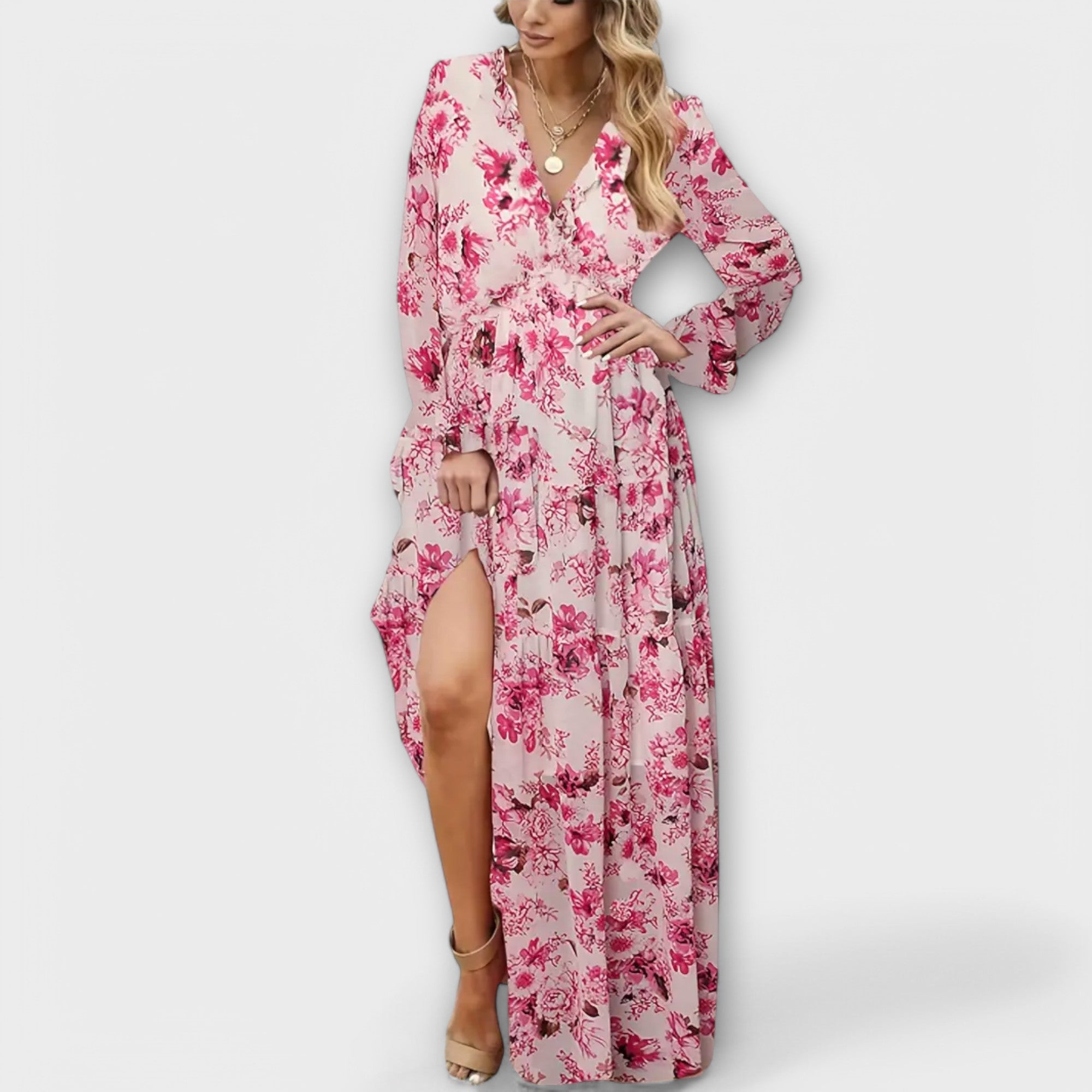 Dames Bloemenprint Maxi Jurk V Hals Lange Mouwen