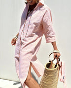 Dames Gestreepte Midi Shirt Jurk Lange Mouwen