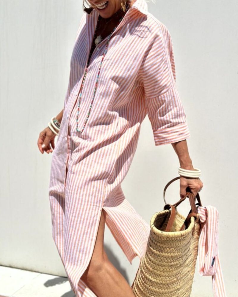 Dames Gestreepte Midi Shirt Jurk Lange Mouwen