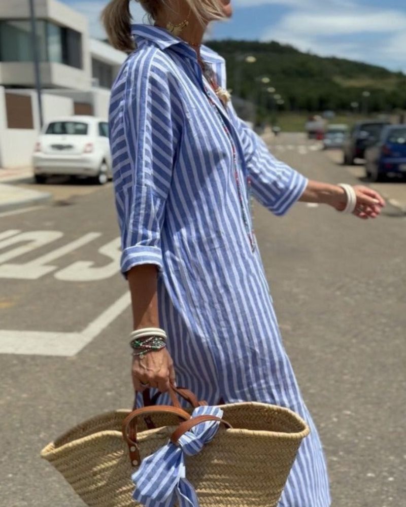 Dames Gestreepte Midi Shirt Jurk Lange Mouwen