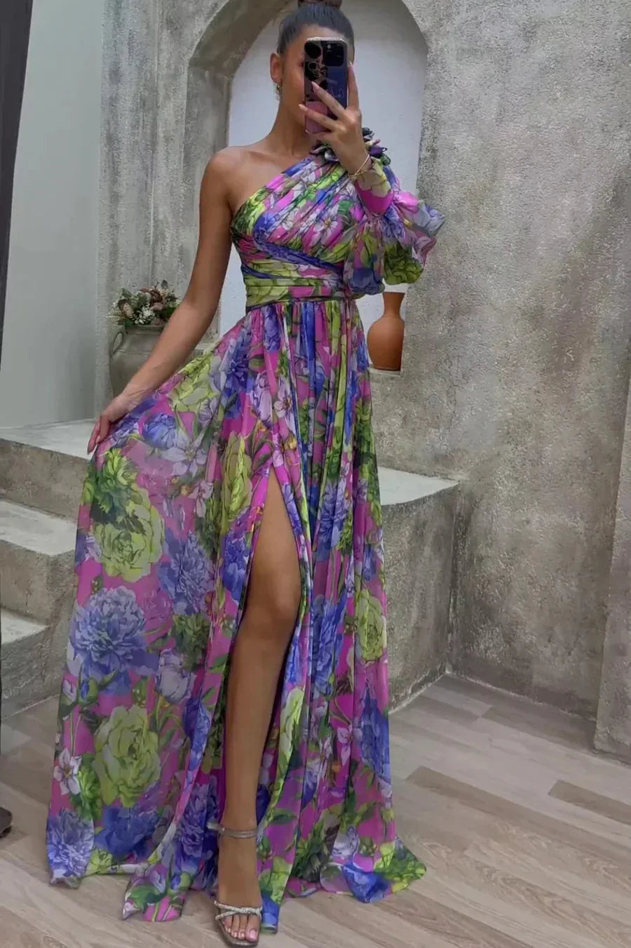 Dames One Shoulder Maxi Jurk met Geplooide Rok