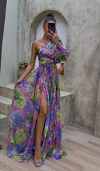 Dames One Shoulder Bloemenprint Maxi Jurk met Split