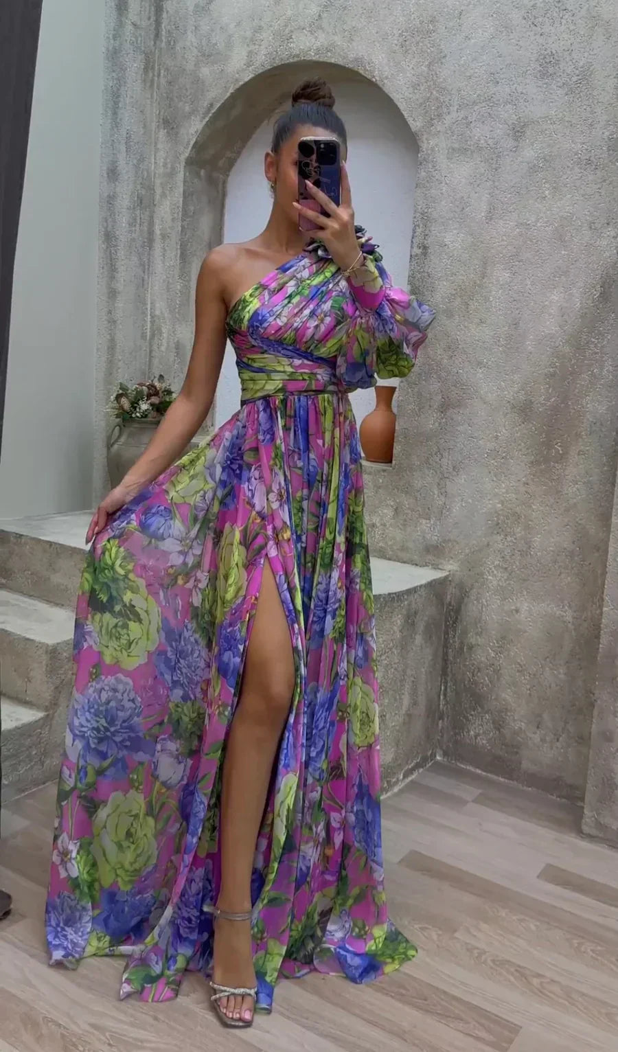 Dames One Shoulder Bloemenprint Maxi Jurk met Split